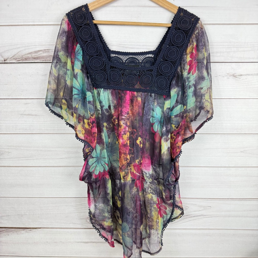 Angie Womens Navy‎ Floral Sheer Cover Up Top Size Medium